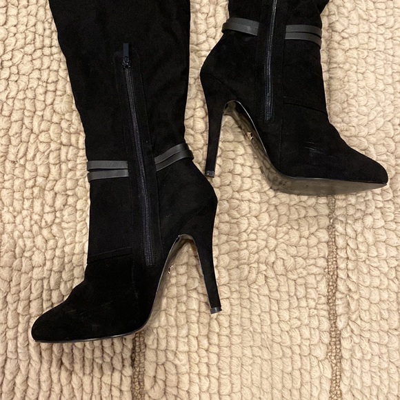 Nina Shoes Black Suede Over The Knee High Heel Boots with Faux Leather strap - Picture 3 of 10